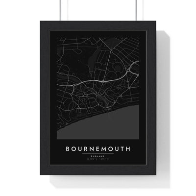 Bournemouth street map poster in black, minimal city map print framed in a black frame