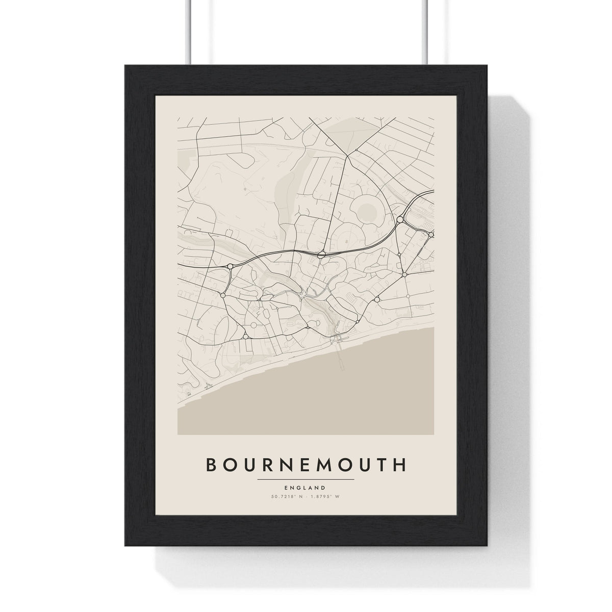 Bournemouth street map poster in cream, minimal city map print framed in a black frame