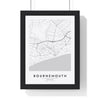 Bournemouth street map poster in white, minimal city map print framed in a black frame