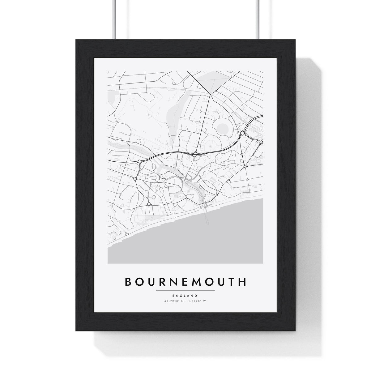 Bournemouth street map poster in white, minimal city map print framed in a black frame