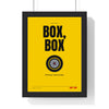 Box Box Racing print framed in a black frame, ready to hang