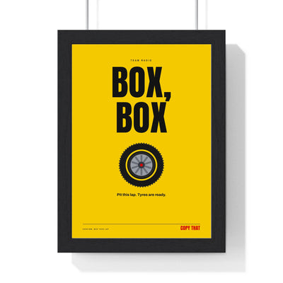 Box Box Racing print framed in a black frame, ready to hang