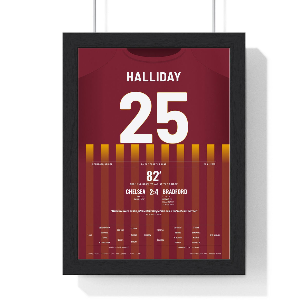 Bradford City 4-2 Chelsea FA Cup 2015 Poster - Andy Halliday 25 Shirt Print framed in a black frame, ready to hang
