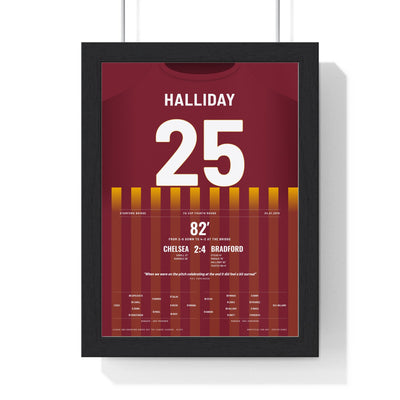 Bradford City 4-2 Chelsea FA Cup 2015 Poster - Andy Halliday 25 Shirt Print framed in a black frame, ready to hang
