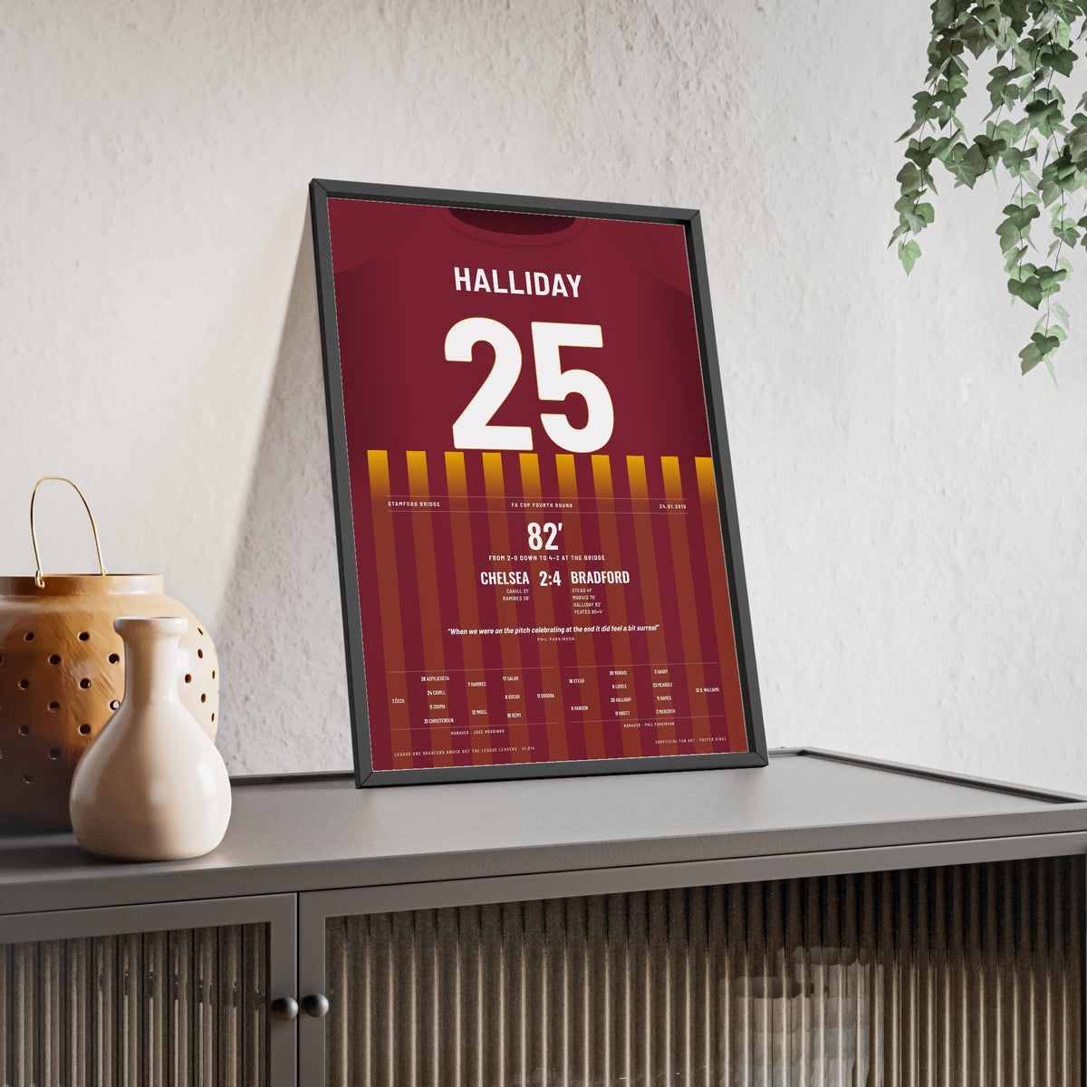 Bradford City 4-2 Chelsea FA Cup 2015 Poster - Andy Halliday 25 Shirt Print framed and leaning on a sideboard