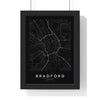Bradford street map poster in black, minimal city map print framed in a black frame