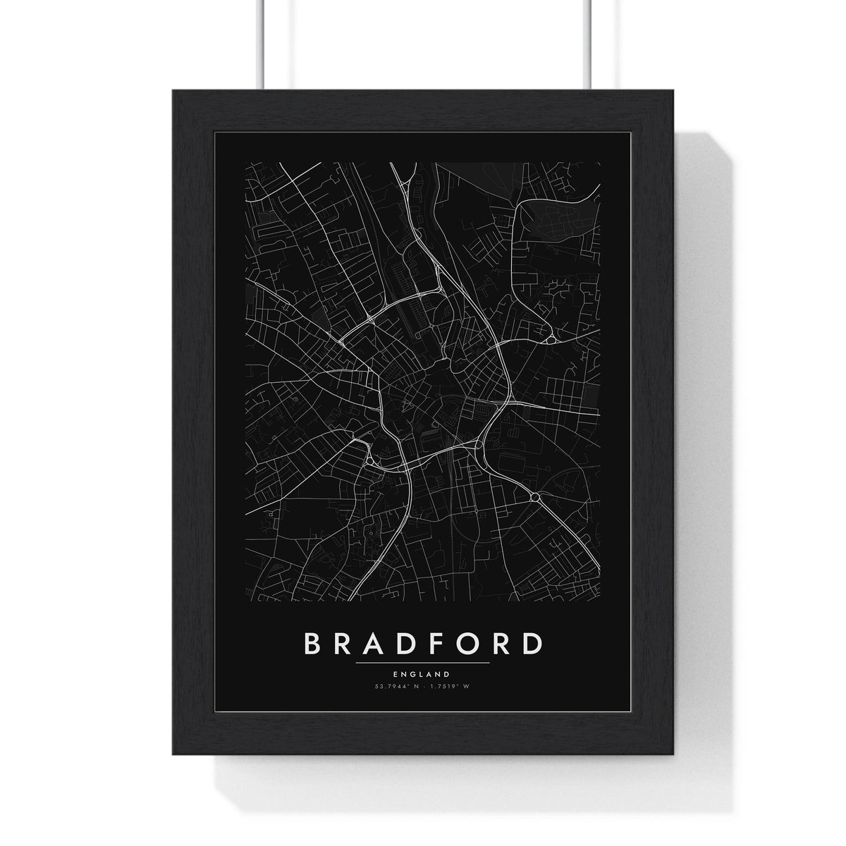 Bradford street map poster in black, minimal city map print framed in a black frame