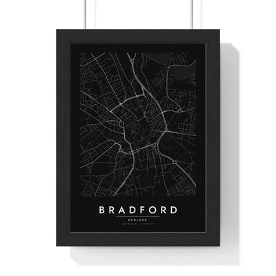 Bradford street map poster in black, minimal city map print framed in a black frame