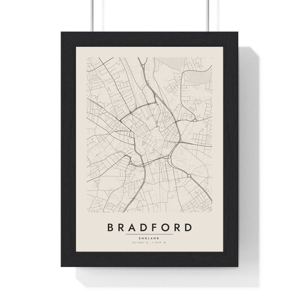 Bradford street map poster in cream, minimal city map print framed in a black frame