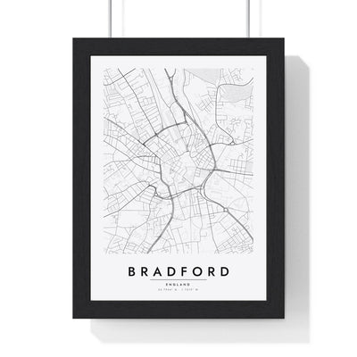 Bradford street map poster in white, minimal city map print framed in a black frame