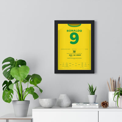 Brazil World Cup Final 2002 Poster - Ronaldo 9 Two Goals v Germany Yokohama Shirt Print framed on a living room wall
