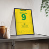 Brazil World Cup Final 2002 Poster - Ronaldo 9 Two Goals v Germany Yokohama Shirt Print framed and leaning on a sideboard