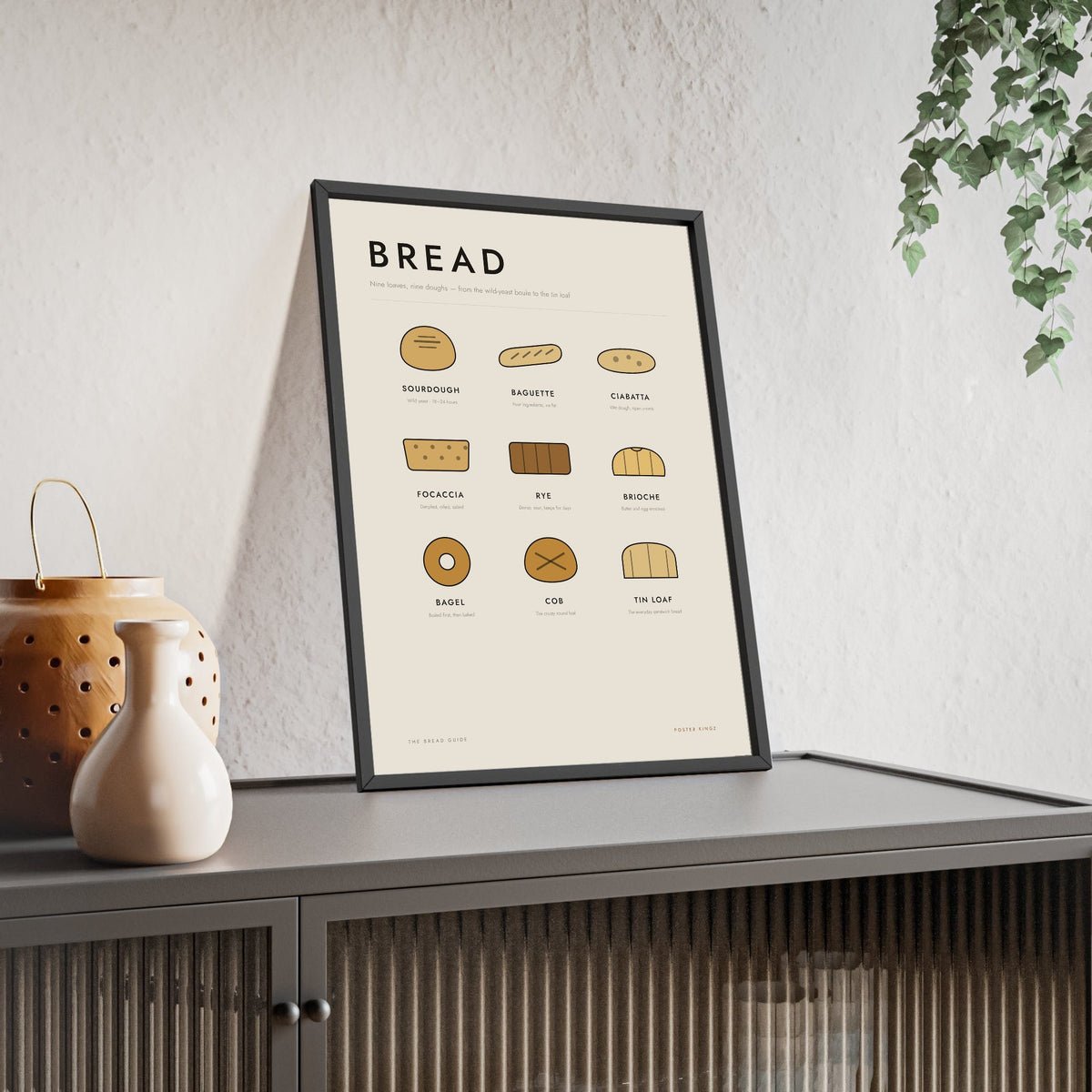 Bread Guide print framed and leaning on a sideboard