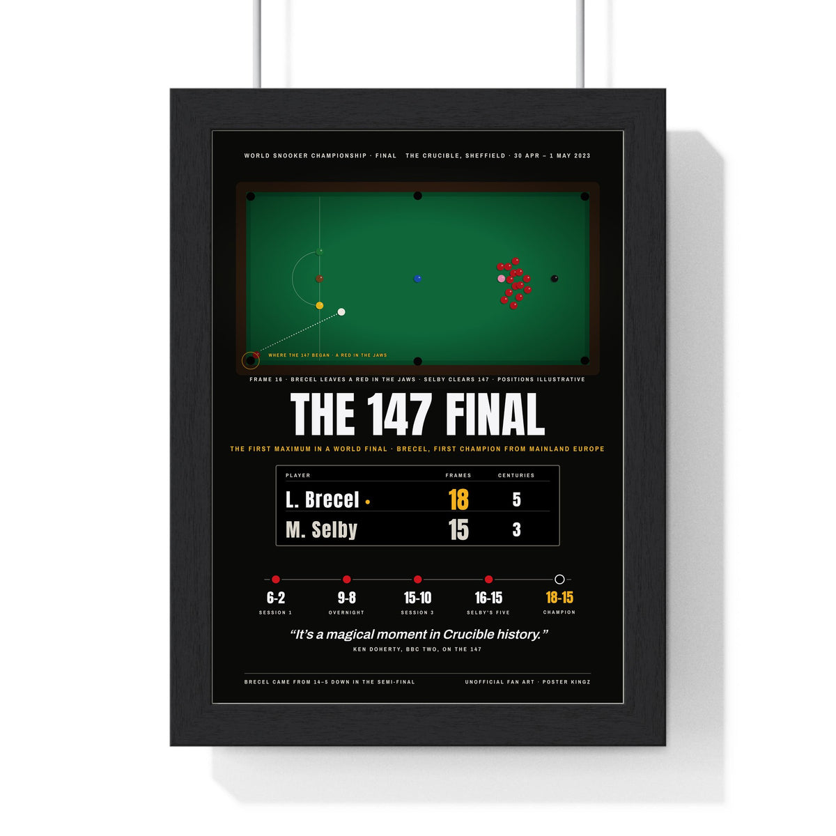 The 147 Final 2023 Snooker print framed in a black frame, ready to hang