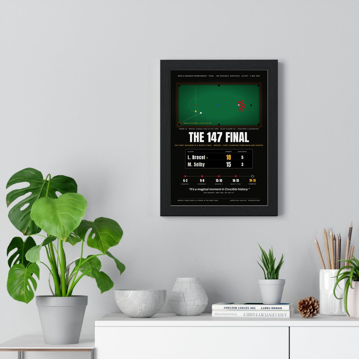 The 147 Final 2023 Snooker print framed on a living room wall