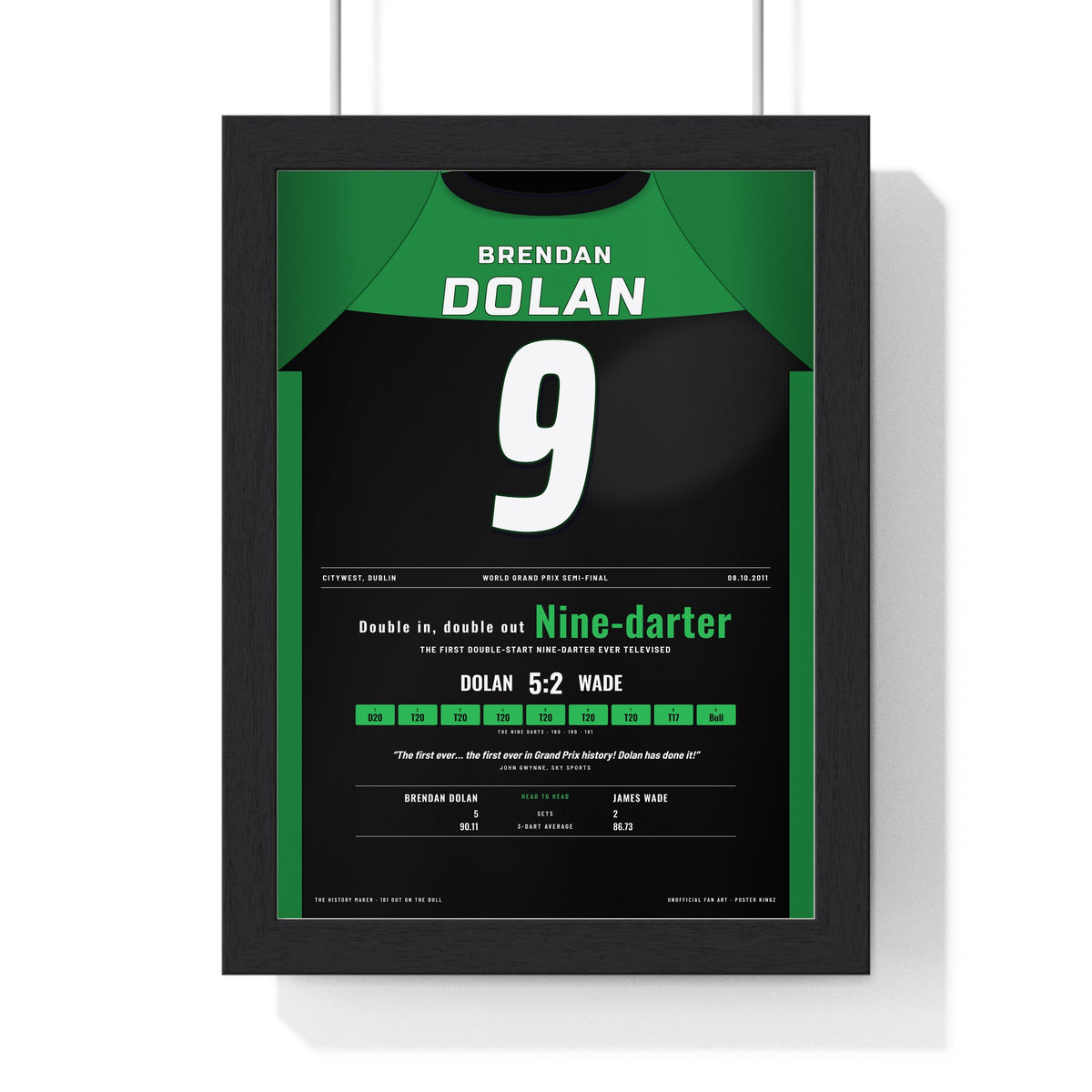 Brendan Dolan World Grand Prix 2011 Darts Poster - Double-Start Nine-Darter Shirt Print framed in a black frame, ready to hang