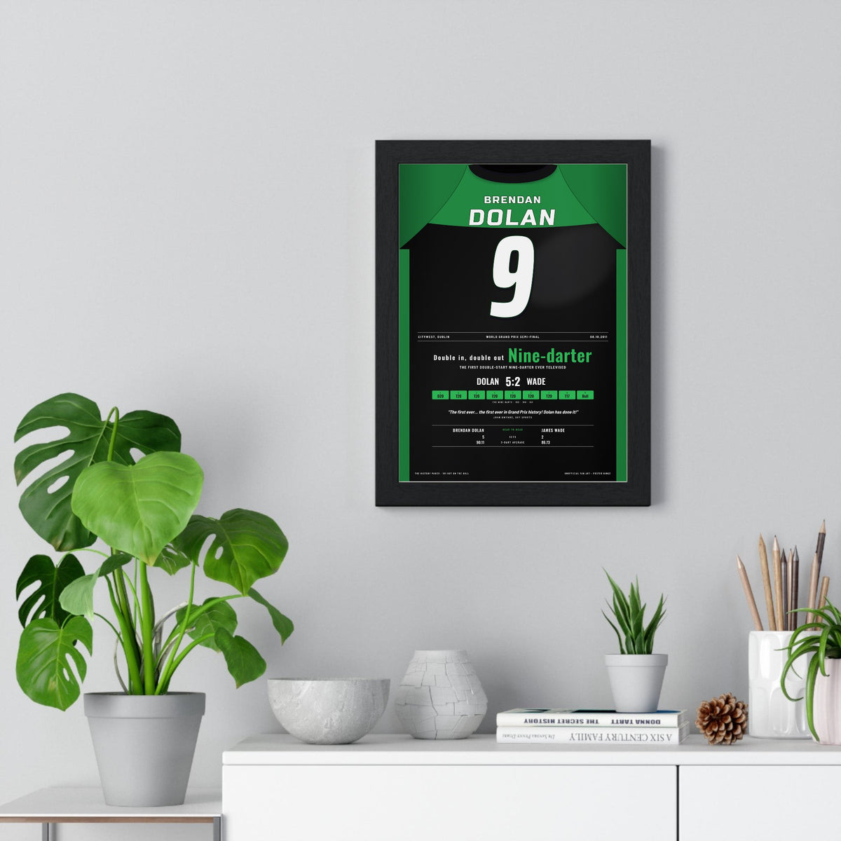 Brendan Dolan World Grand Prix 2011 Darts Poster - Double-Start Nine-Darter Shirt Print framed on a living room wall