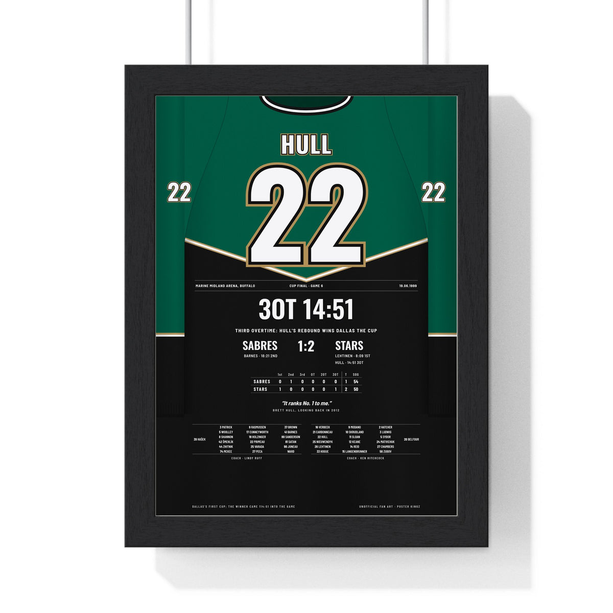 Brett Hull 1999 Cup Final Triple Overtime Winner Poster - Dallas Stars 22 Hockey Jersey Print framed in a black frame, ready to hang