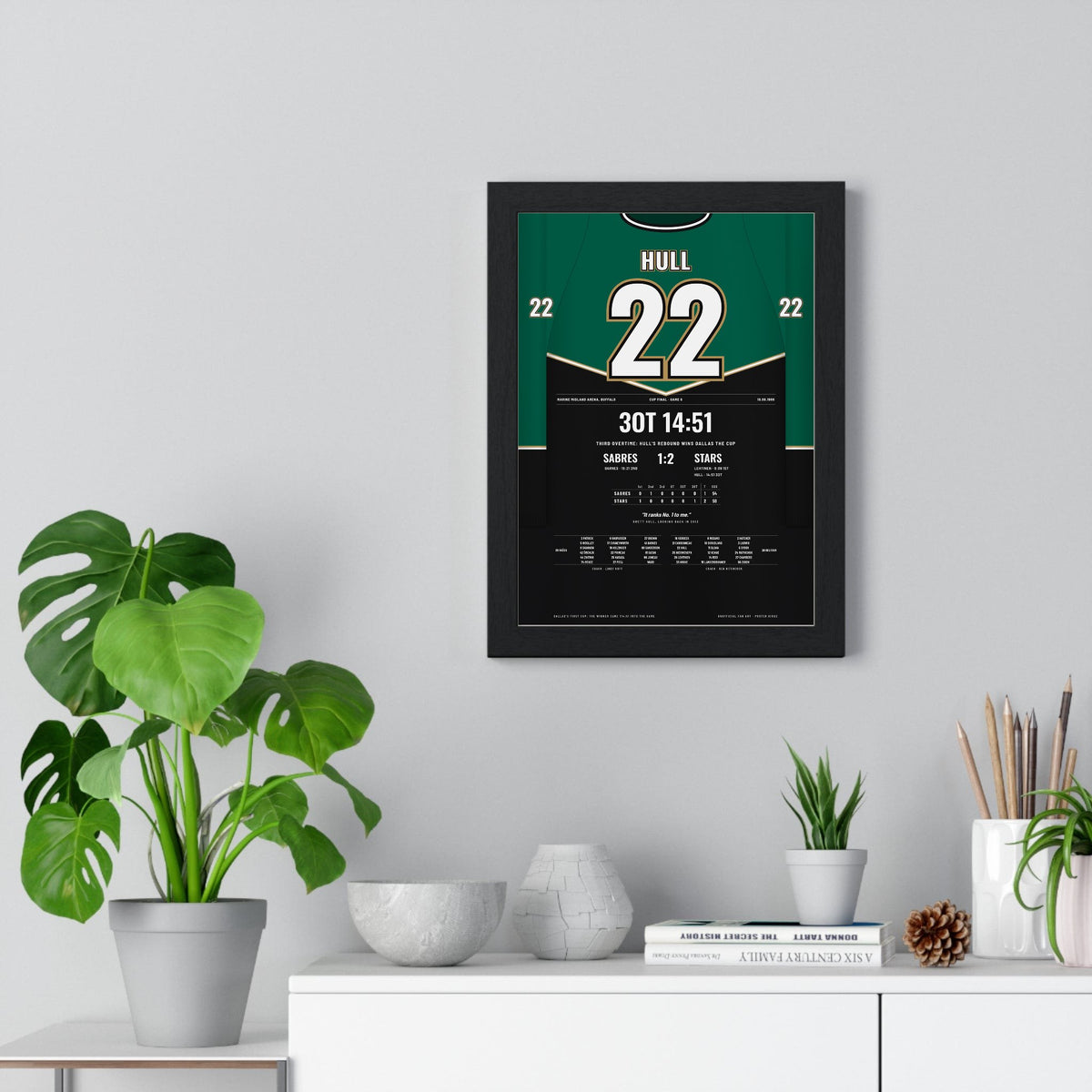 Brett Hull 1999 Cup Final Triple Overtime Winner Poster - Dallas Stars 22 Hockey Jersey Print framed on a living room wall