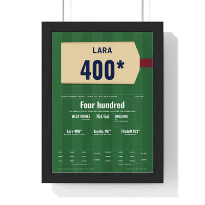 Brian Lara Antigua 2004 Cricket Poster - 400 Not Out Bat Print framed in a black frame, ready to hang