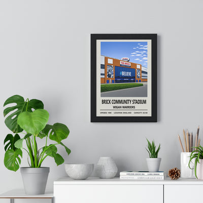 Wigan Warriors Brick Community Stadium rugby poster framed on wall