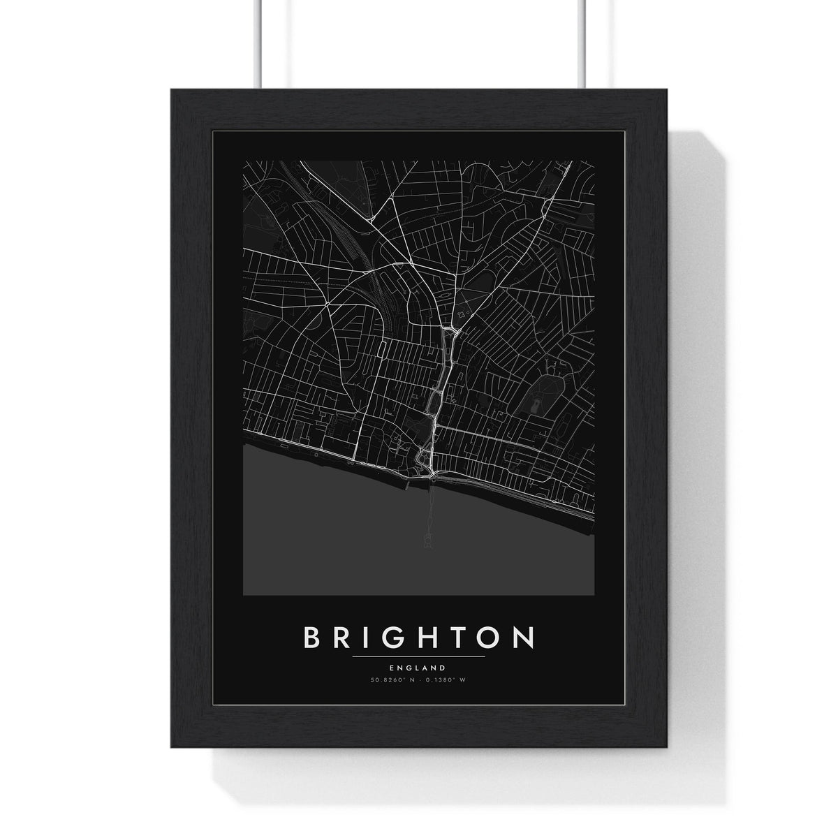 Brighton street map poster in black, minimal city map print framed in a black frame