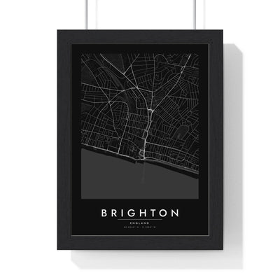 Brighton street map poster in black, minimal city map print framed in a black frame