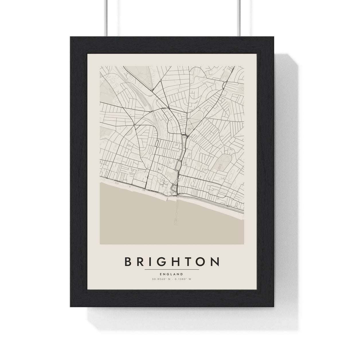 Brighton street map poster in cream, minimal city map print framed in a black frame