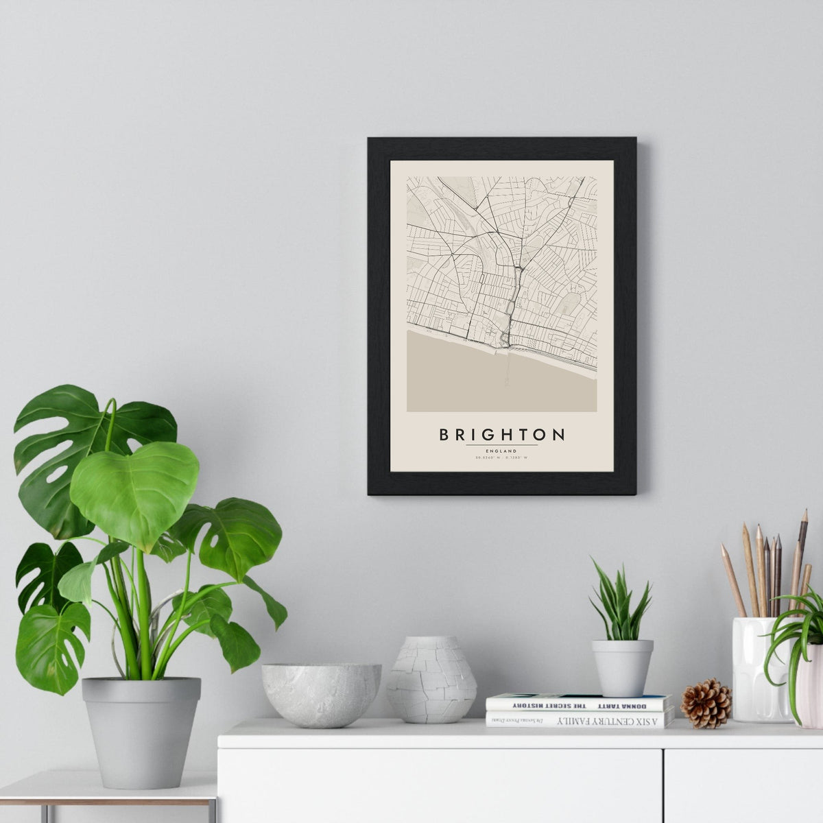 Brighton street map poster in cream, minimal city map print framed on a living room wall