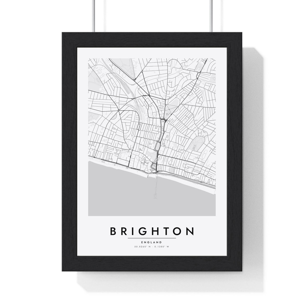 Brighton street map poster in white, minimal city map print framed in a black frame