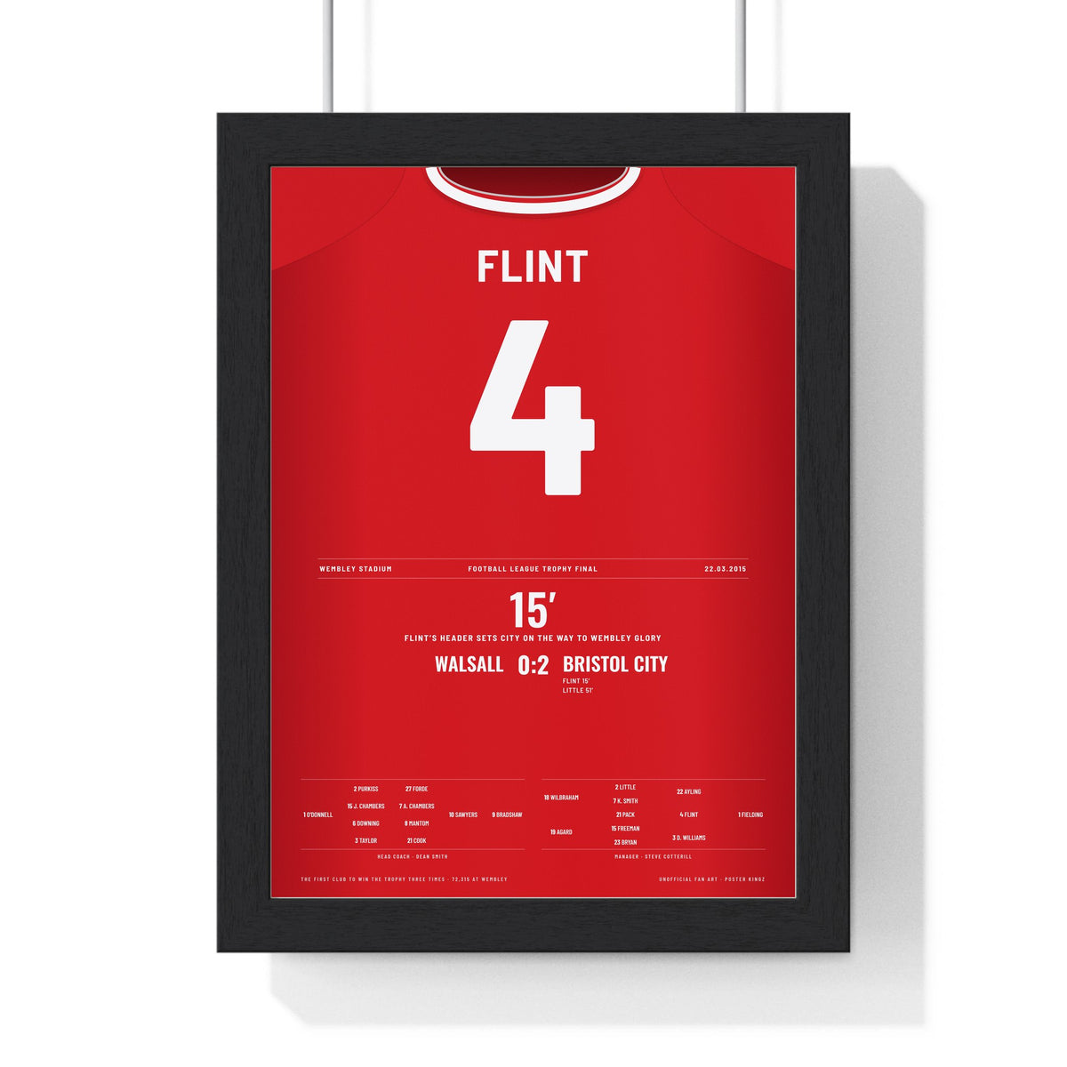 Bristol City Football League Trophy Final 2015 Poster - Aden Flint 4 Wembley Shirt Print framed in a black frame, ready to hang