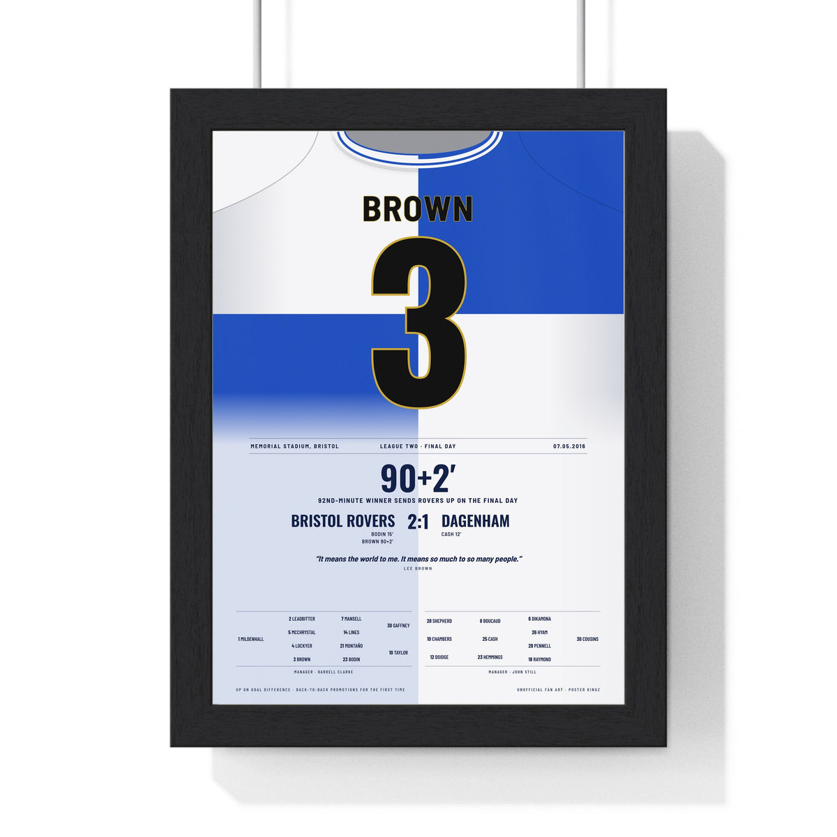 Bristol Rovers Promotion 2016 Poster - Lee Brown 3 Memorial Stadium Shirt Print framed in a black frame, ready to hang