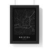 Bristol street map poster in black, minimal city map print framed in a black frame