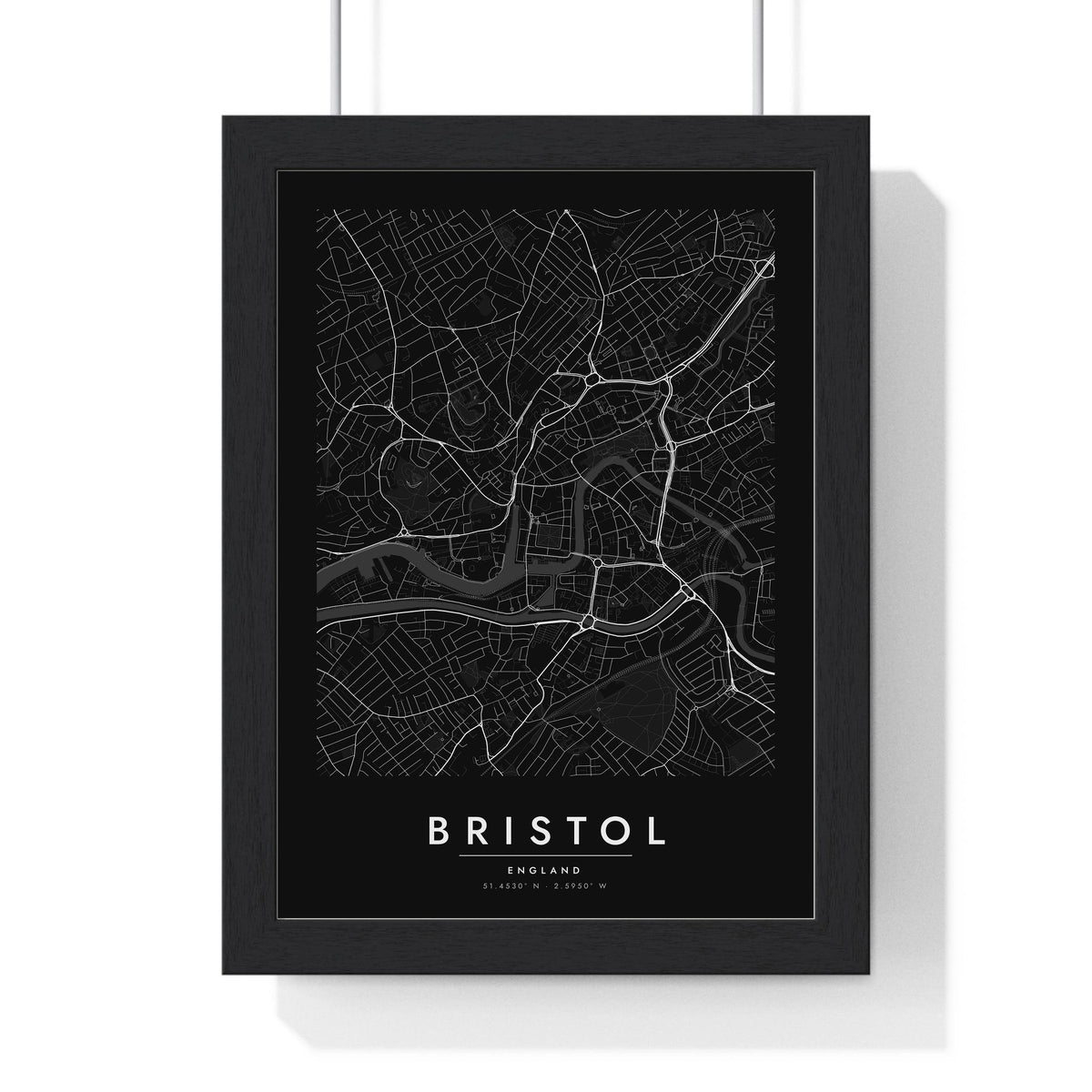 Bristol street map poster in black, minimal city map print framed in a black frame
