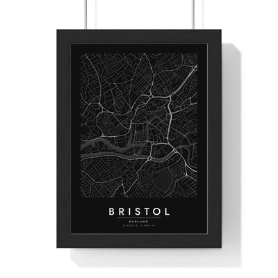 Bristol street map poster in black, minimal city map print framed in a black frame