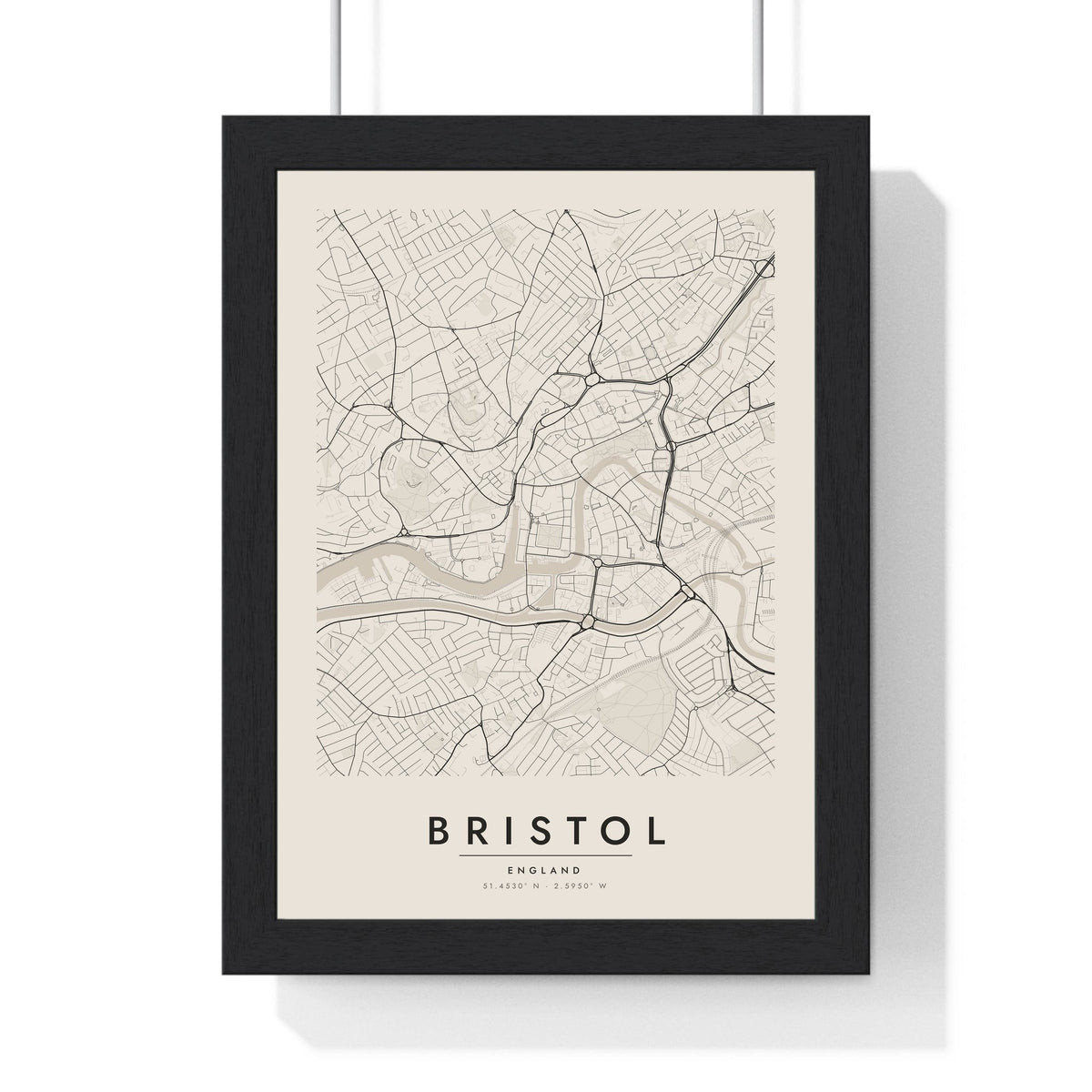 Bristol street map poster in cream, minimal city map print framed in a black frame