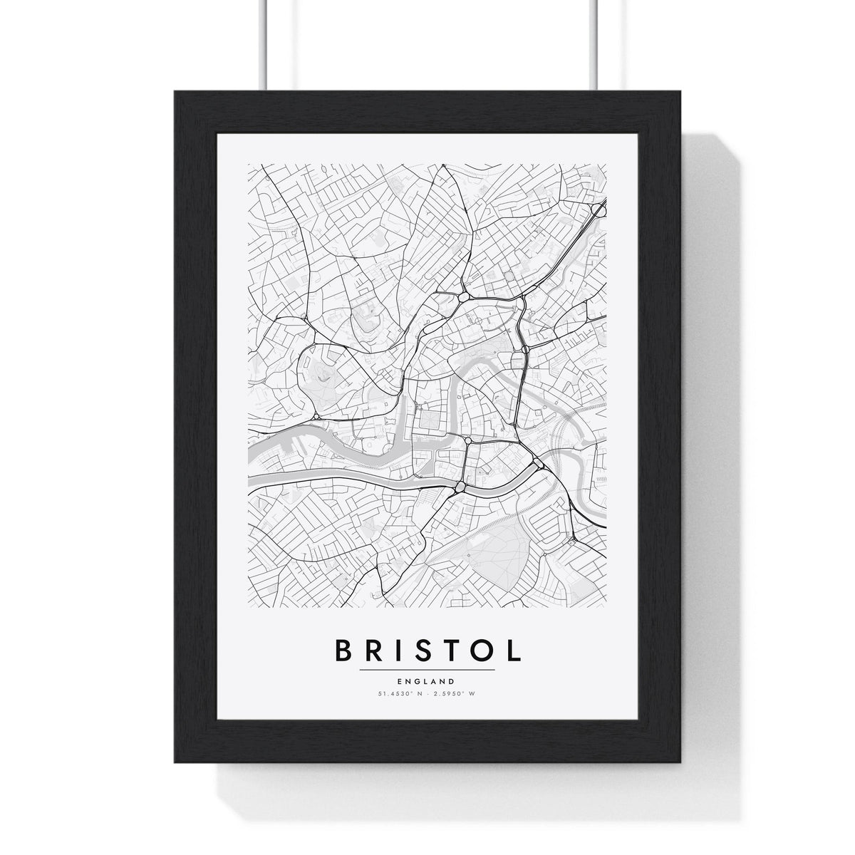 Bristol street map poster in white, minimal city map print framed in a black frame