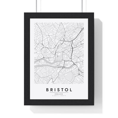 Bristol street map poster in white, minimal city map print framed in a black frame