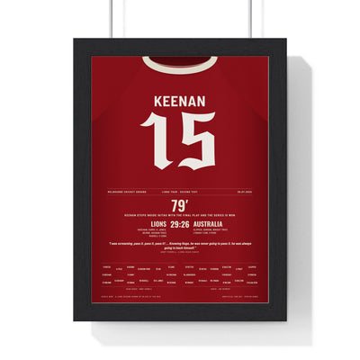 British & Irish Lions 2025 Second Test Poster - Hugo Keenan 15 Winning Try MCG Rugby Print framed in a black frame, ready to hang