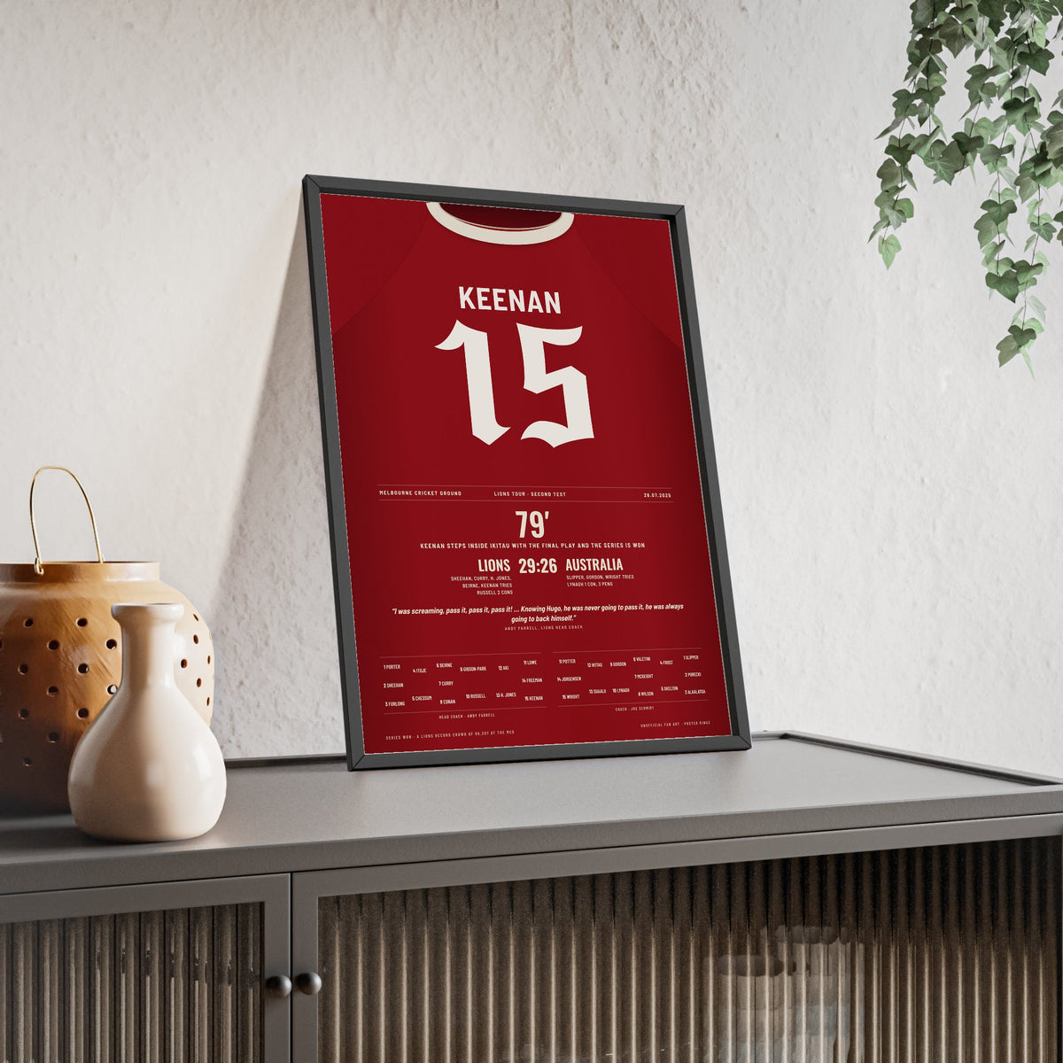 British & Irish Lions 2025 Second Test Poster - Hugo Keenan 15 Winning Try MCG Rugby Print framed and leaning on a sideboard