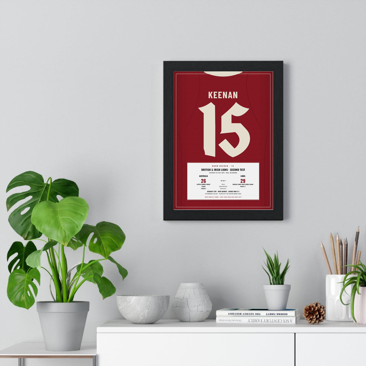 British & Irish Lions 2nd Test 2025 print - Keenan 15 framed on a living room wall