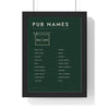 Great British Pub Names Print framed in a black frame, ready to hang