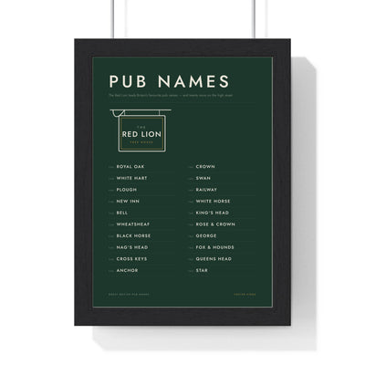 Great British Pub Names Print framed in a black frame, ready to hang