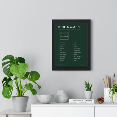 Great British Pub Names Print framed on a living room wall