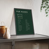 Great British Pub Names Print framed and leaning on a sideboard