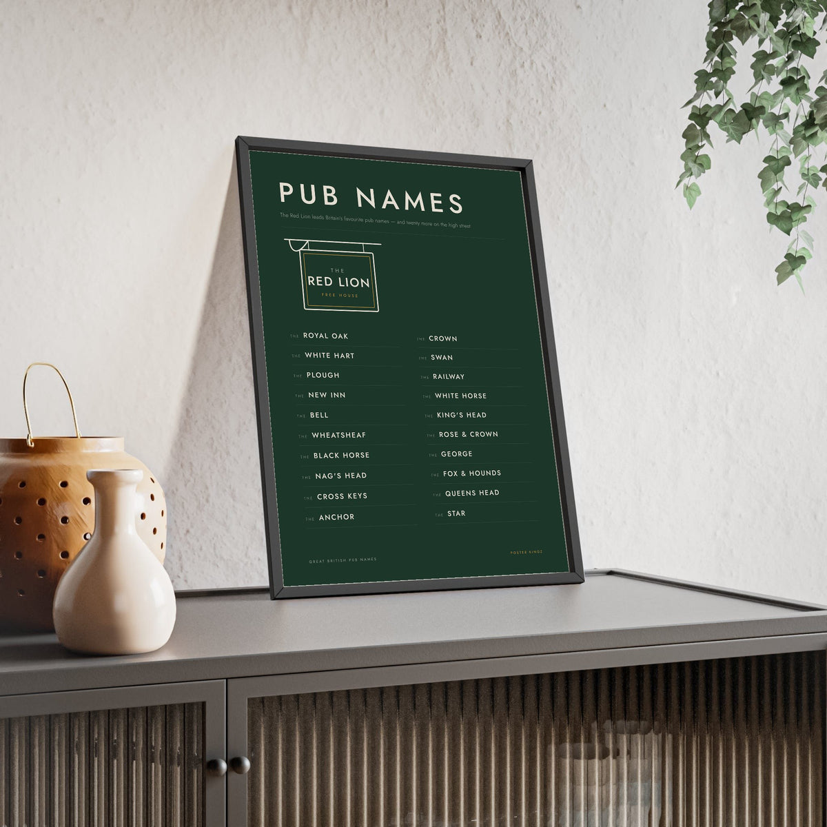 Great British Pub Names Print framed and leaning on a sideboard