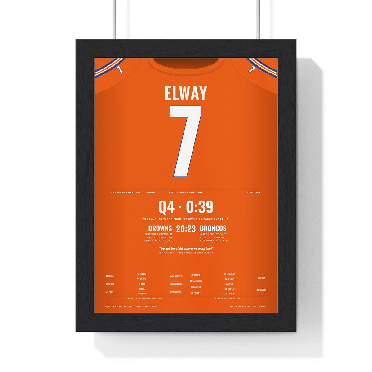 Denver Broncos 1987 AFC Championship Poster - John Elway 7 Drive Jersey Print framed in a black frame, ready to hang