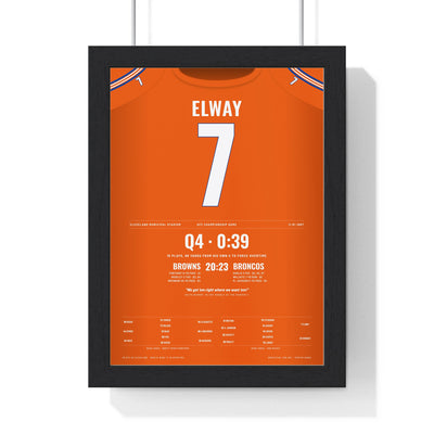 Denver Broncos 1987 AFC Championship Poster - John Elway 7 Drive Jersey Print framed in a black frame, ready to hang