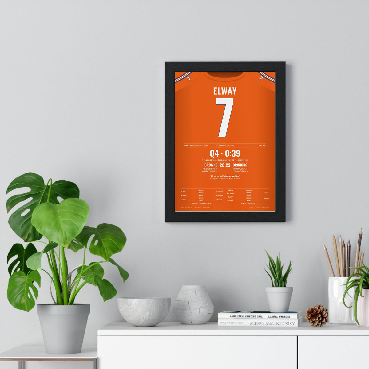 Denver Broncos 1987 AFC Championship Poster - John Elway 7 Drive Jersey Print framed on a living room wall