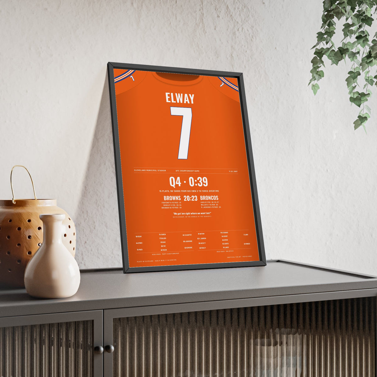 Denver Broncos 1987 AFC Championship Poster - John Elway 7 Drive Jersey Print framed and leaning on a sideboard